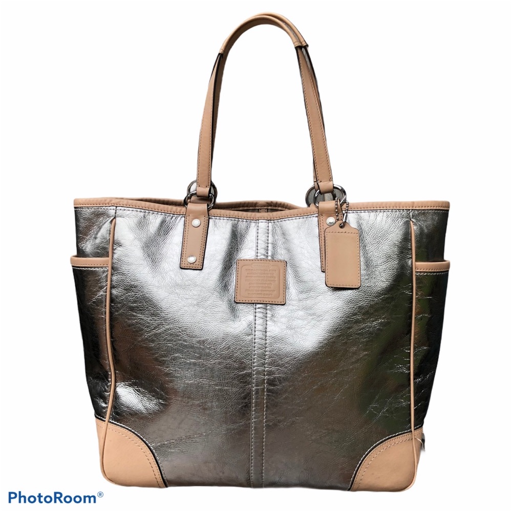 Coach large metallic silver leather tote